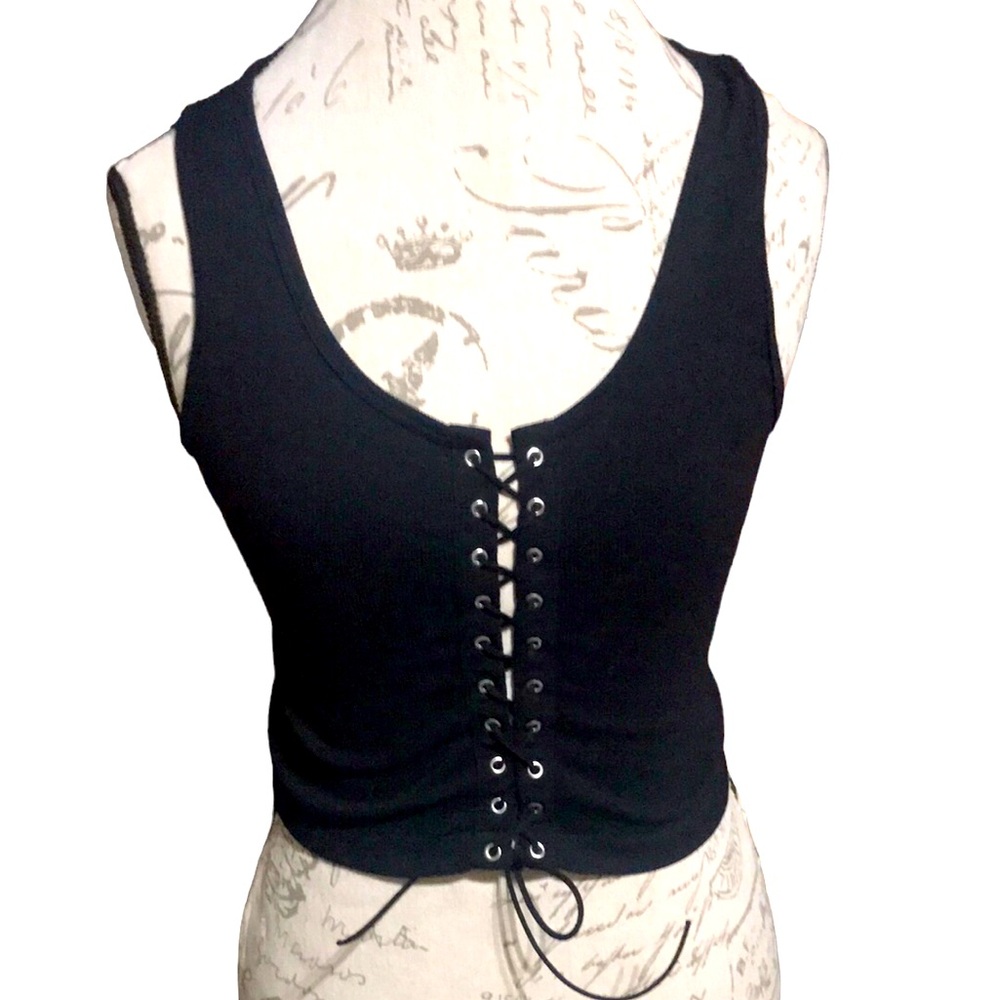 Forever21 Black Front Lace Down Crop Top Size M/L